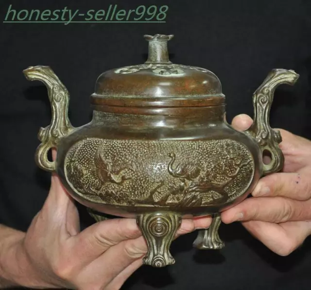 8'' Marked Chinese dynasty pure bronze Crane pine statue incense burner censer