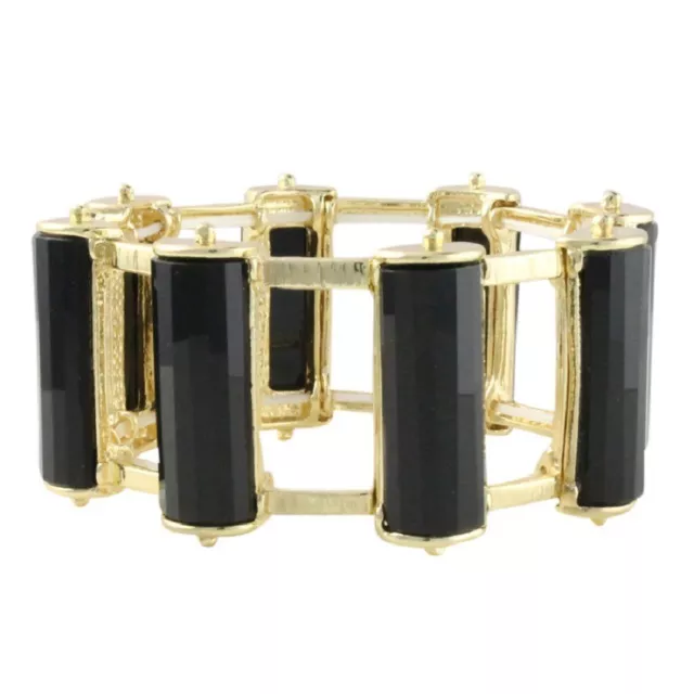 NEW Bold Black Resin Geometric Cage Cuff Stretch Bracelet Club Office Pageant