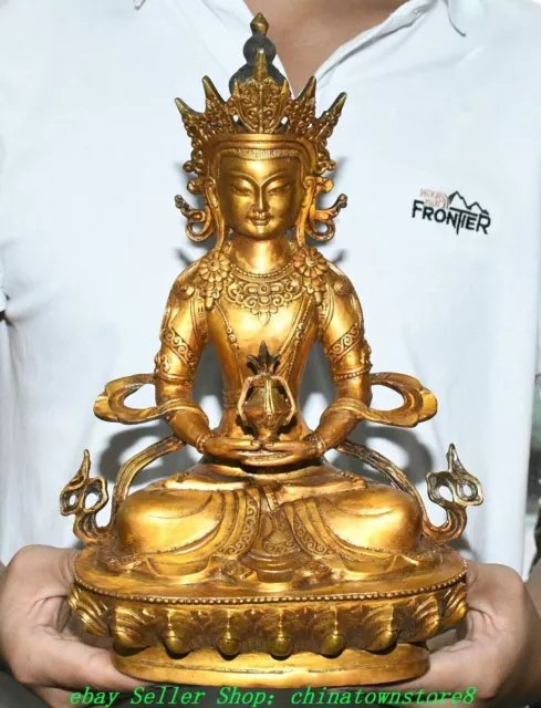 12" Old Tibet Buddhism Bronze Gilt Amitayus longevity God Goddess Buddha Statue