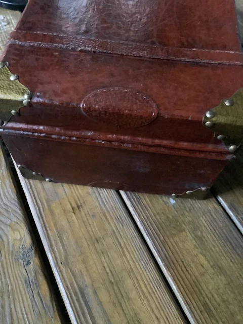 Vtg Red Wooden Box Suitcase Carry case Rustic Trunk Hook Straps 17x11x7