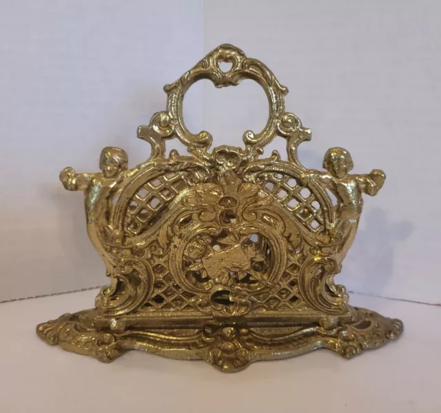 Vtg Ornate Gold Cast Iron Art Nouveau Victorian Cherub Mail Letter  Holder