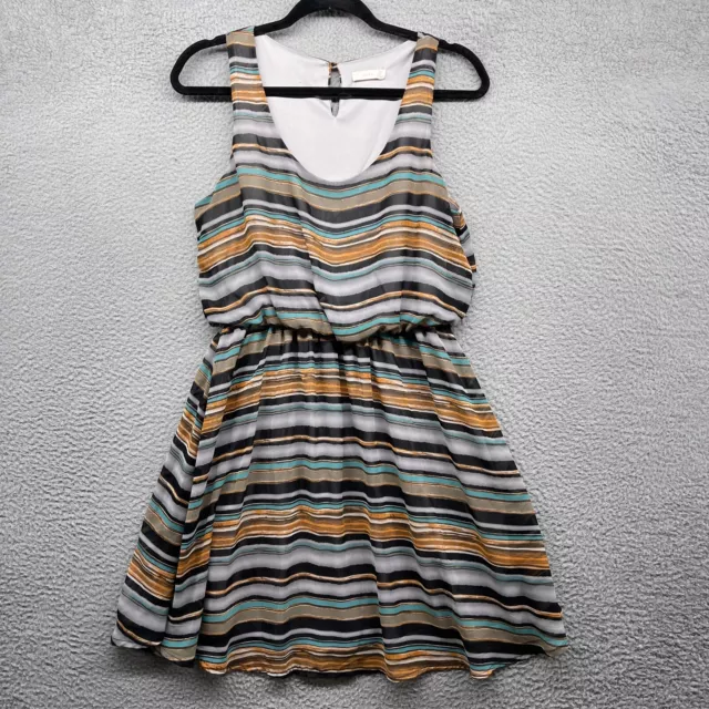 Lush Women Mini Tank Dress Fit Flare Multicolor Stripe Sleeveless Scoop Size L