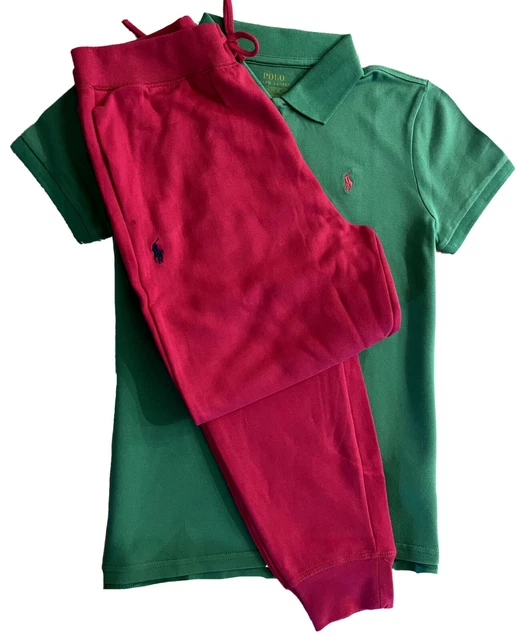 T-shirt polo ragazza Ralph Lauren set pantaloni jogger rosa verde età 7