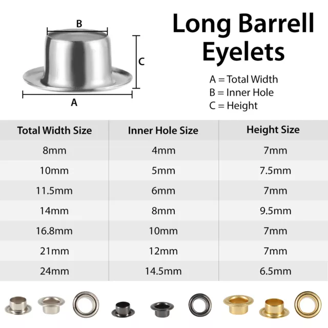 100 x Eyelets Brass Long Barrell 4 5 6 8 10 12 14mm Grommet Repair Leather Craft 3