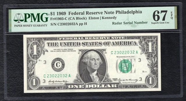 Fr 1903-C 1969 $1 Federal Reserve Note “Radar S/N C23022032A” Pmg Gem Unc-67Epq