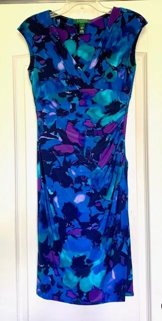 Lauren Ralph Lauren V-Neck Faux Wrap Ruched Floral Print Sheath Dress Size 4