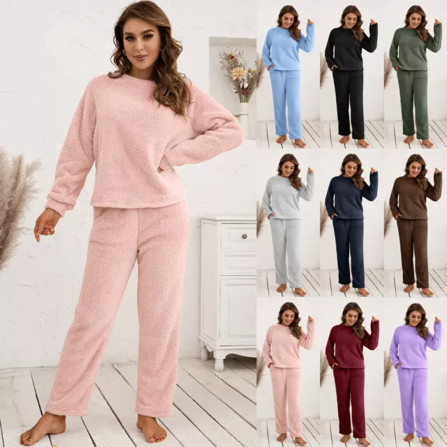 Womens Fluffy Fleece Fur Tops Pants Pyjamas Nightwear Teddy Bear Pajamas Set UK