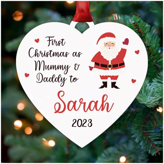 First Christmas as Mummy Daddy Wood Heart Decoration Personalised Babys 1st Xmas