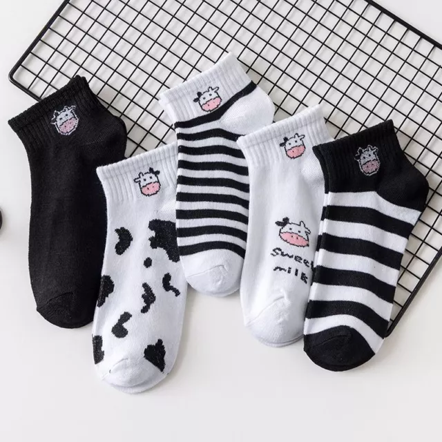 Cartoon Cow Short Socks - Striped Cotton Ankle Sock Women Fashion Socks 5pairs S