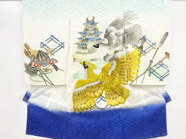 45299# Japanese Kimono / Antique Kimono For Boys / Embroidery / Hawk With Castle
