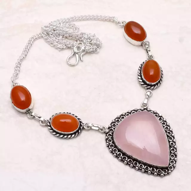 Rose Quartz Cornaline Pierre Précieuse Ethnique Main Collier Bijoux 33 Gms