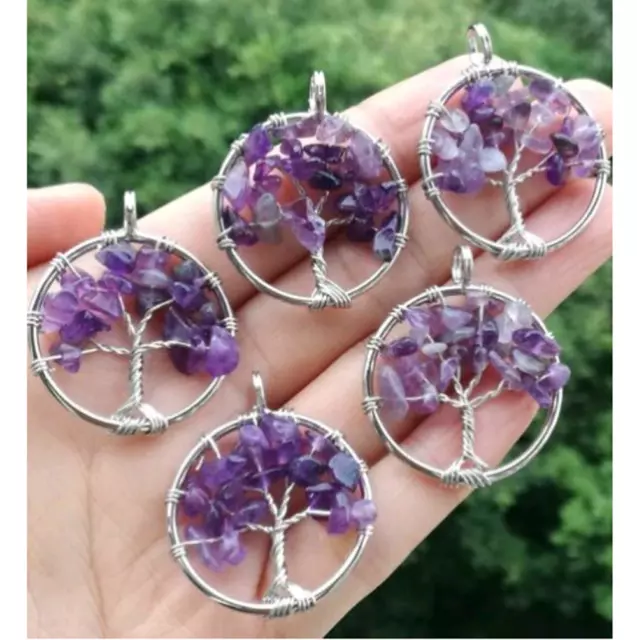 5pcs Natural Amethyst stone Tree of life Pendants Energy Amulet Bead GIft Reiki