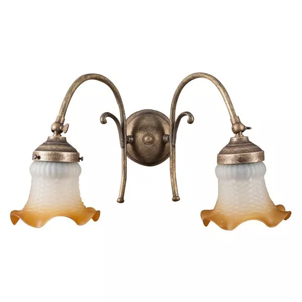 Originale Applique lampada in ottone liberty a 2 luci da parete con vetri nuovi