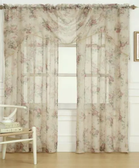 Laura Ashley Stowe Sheer Curtain with Rod Pocket Floral Spray Panel Or Valance