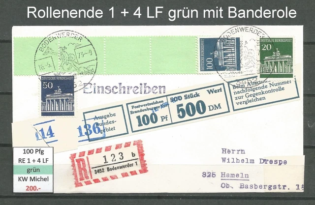 RM Brandenburger Tor echt gelaufener Brief 100 Pfg MiNr. 510v R  RE 1 + 4 LF grü