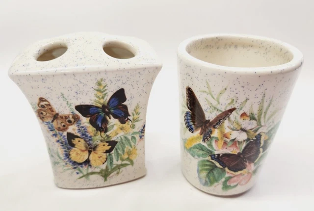 Vtg '84 Speckled Ceramic Bathroom Set Toothbrush Holder & Cup Butterflies Signed