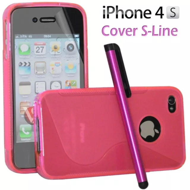 Cover Custodia Silicone Gel TPU S-Line Rosa Per iPhone 4/4G/4S + Pellicola Pen