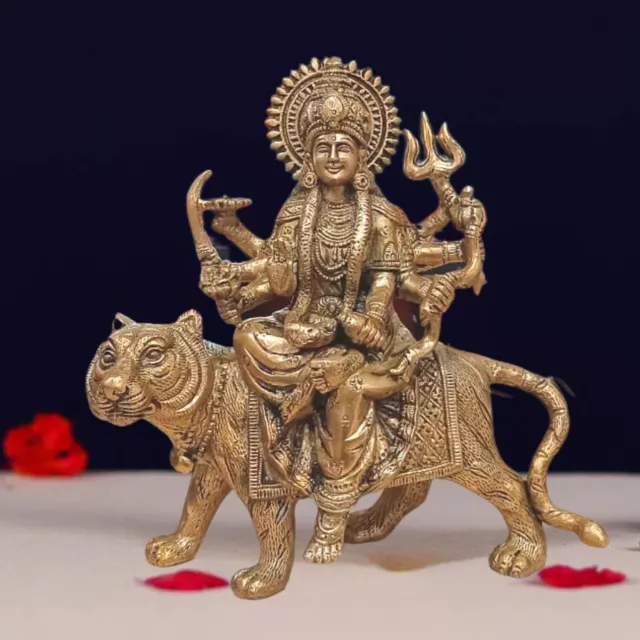 Brass Maa Sherawali Durga MATA Rani Sitting On Lion Statue Ambaji Murti Idol 9"