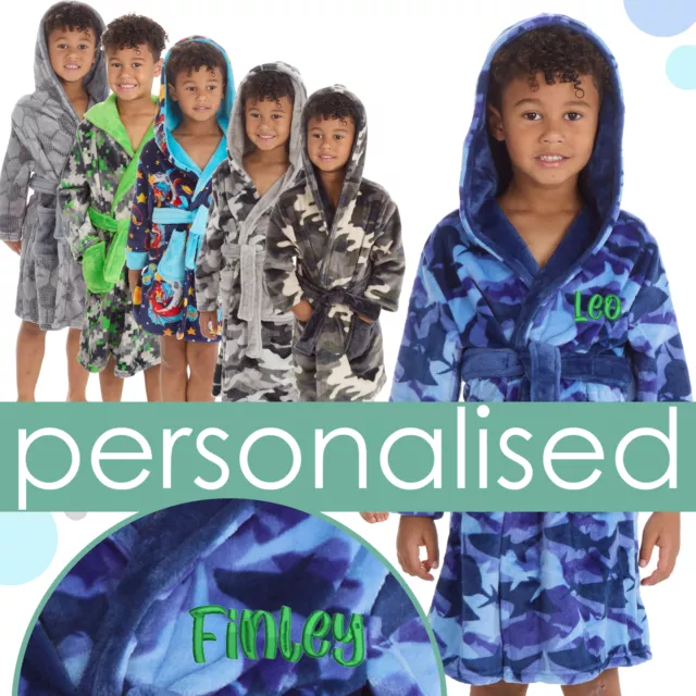 Personalised Boys Plush Fleece Dressing Gown Hooded Embroidered Robe 2-13 Years