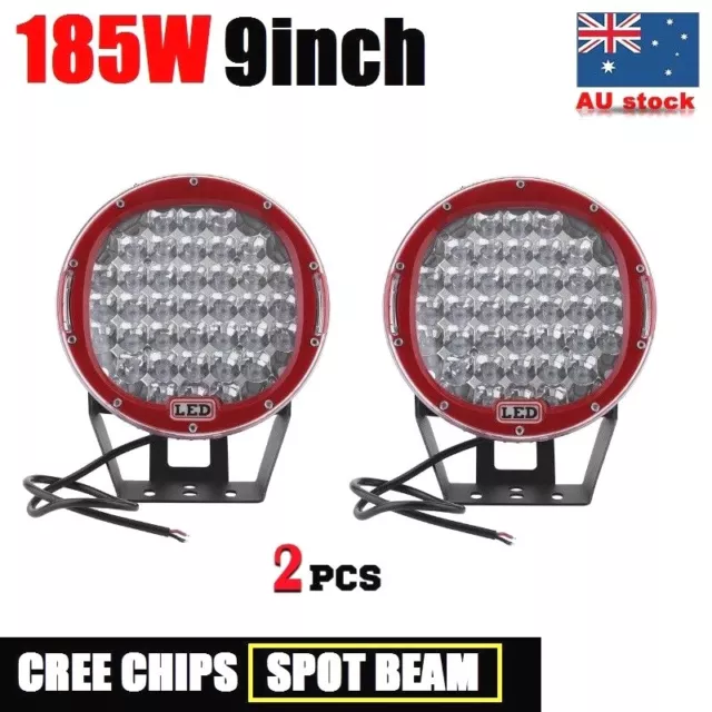 Pair 185w 9inch CREE LED Driving Light Round Spotlight Bar Offroad 4WD Lamp