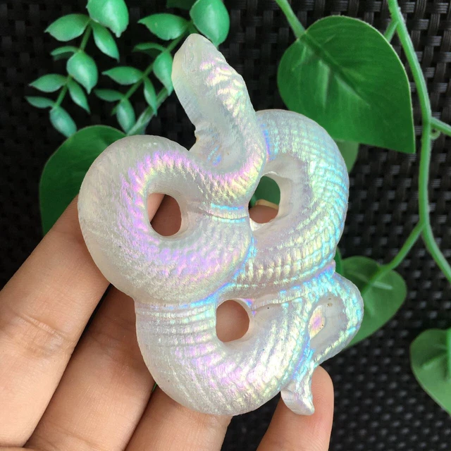 46g Titanium Angel Aura Selenite Stone Slab Snake Carving Quartz Crystal Healing