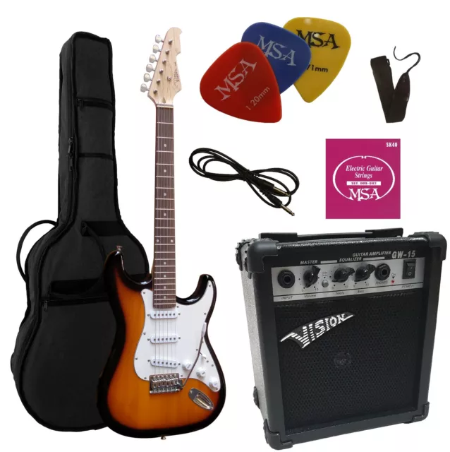 E Gitarre MSA, mit Set Verstärker GW15 , Zubehör- Massiv-Holz, sunburst !!