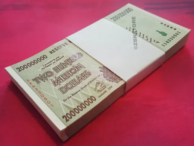 100 x 200 Million Zimbabwe Dollars Banknotes Authentic AA 2008 Uncirculated UNC