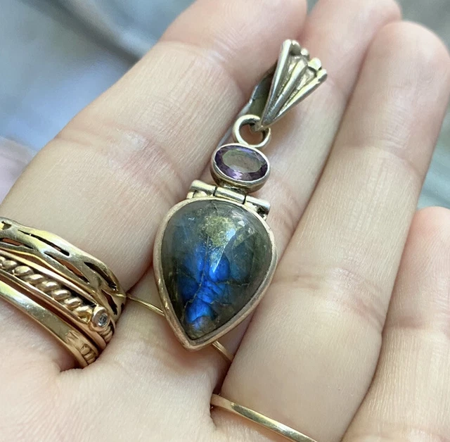VTG Labradorite Amethyst Tear Drop Charm Pendant Necklace 925 Sterling Silver