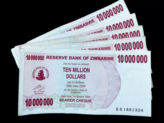 5x Zimbabwe 10 Million Dollar Bearer Cheque Banknote Money - Pre Trillion Series