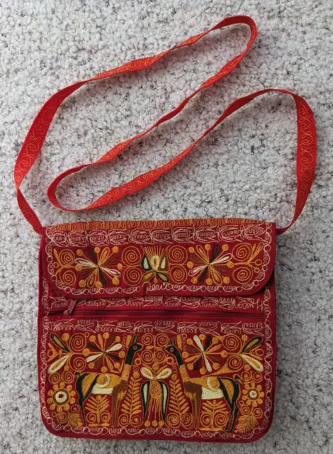 Handmade Embroidered Peruvian Inca Cross body bag  purse  Red  NEW