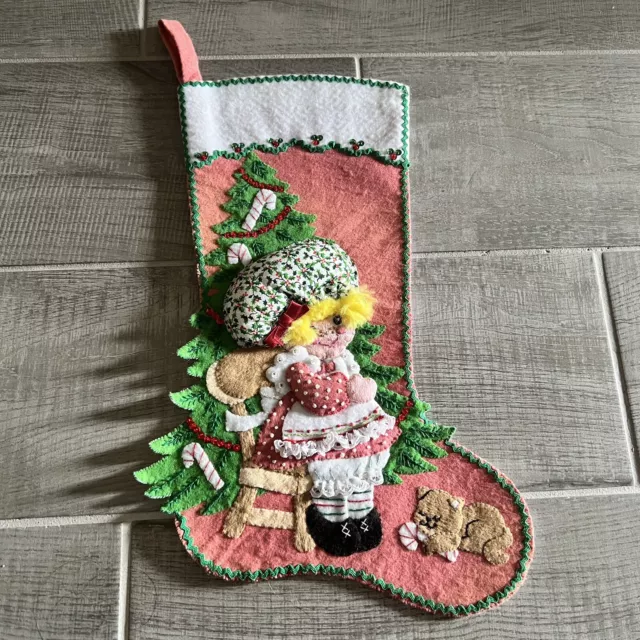 Vintage Handmade Christmas Stocking Girl Cat Tree 3-D Holiday Gift