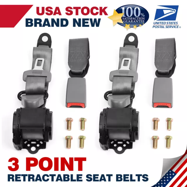 2Set Retractable 3 Point Safety Seat Belt Strap Car Vehicle Adjustable Belt Gray