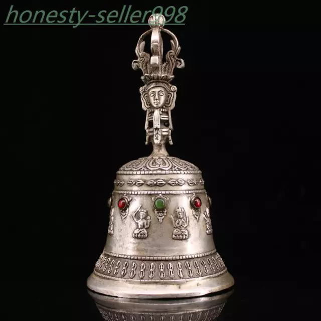 7.2"Tibet Buddhism temple Tibetan silver gem Tara statue Bell Chung chimes clock