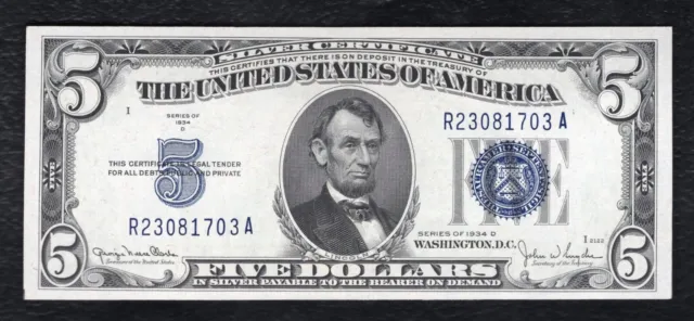 1934-D $5 Five Dollars Silver Certificate Currency Note Gem Uncirculated