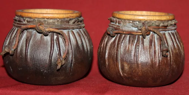 Vintage hand made set 2 wood candle holders with leather cover