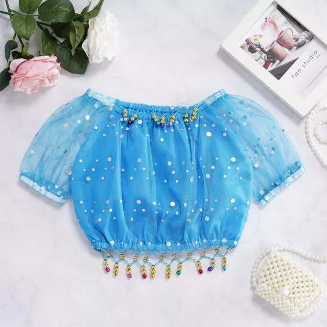 Kids Girls Shiny Sequins Ballet Latin Dance Crop Top Tassel Belly Dance Top