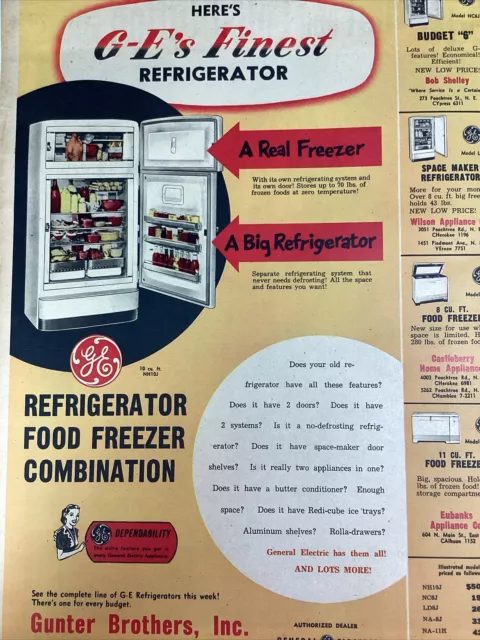 General Electric Refrigerator Atlanta GA Print Ad 1952 AJC Gunter Brothers White