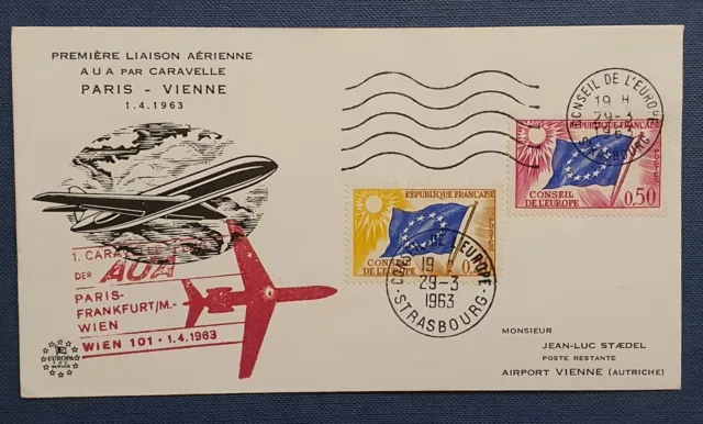 1963, Frankreich Europarat, Beleg mit AUA Erstflug Paris - Wien befördert