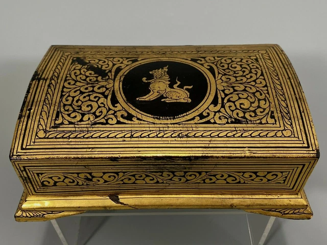 Burma Burmese Black Lacquer Box w/ Gilt Chinte & Scroll Decoration ca. 1950's