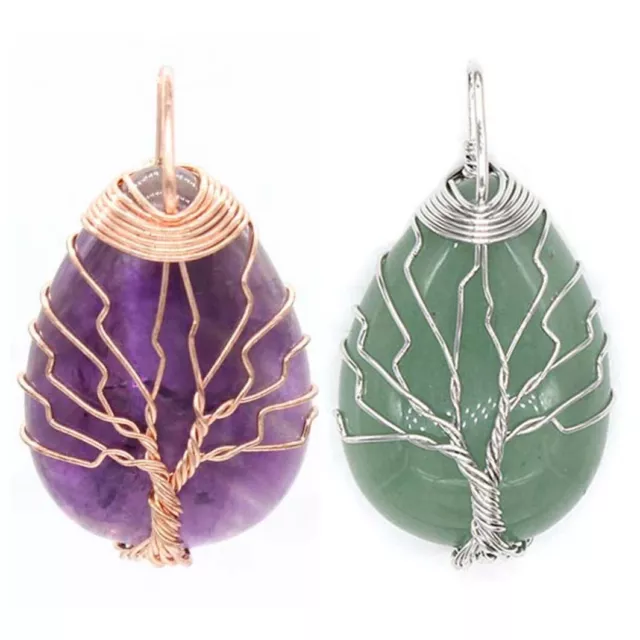 Natural Healing Crystal Quartz Tree Of Life Wire Wrap Drop Chakra Stone Pendant