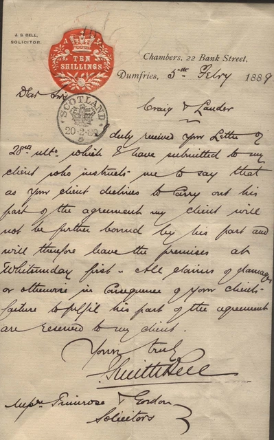 1889 Dumfries, J. S. Bell Solicitors, Chambers, 22 Bank St. Letter, 10/- Imp Rev