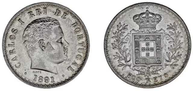 500 Silver Reis / 500 Reis Plata. Portugal 1891. Charles I - Carlos I. Xf / Ebc.