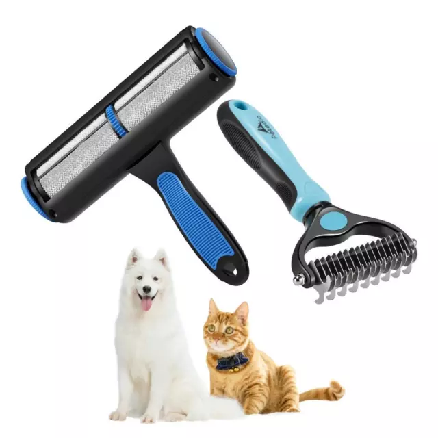 2 Sided Undercoat Rake for Cats & Dogs Comb + Reusable Pet Hair Remover Roller