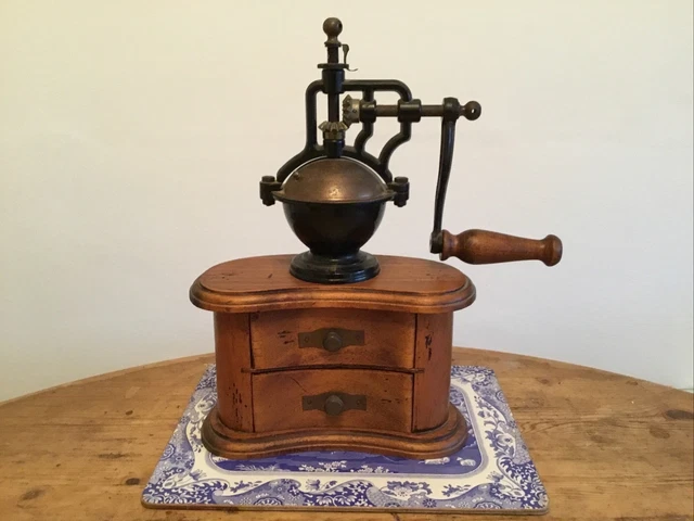 Vintage Large Table Top Wooden Cased Coffee Grinder With Cast Metal