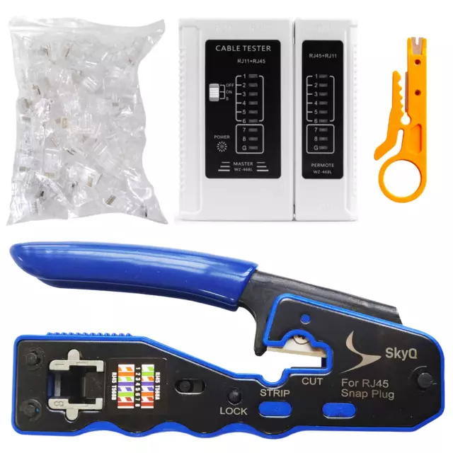 RJ45 pass through Crimp Tool Kit with Tester, Wire Stripper, 20 Cat6 Connectors