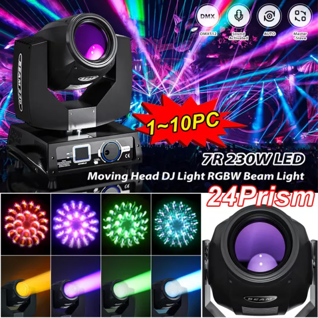 10X 7R 230W Sharpy Moving Head Beam RGBW Light 24Prism Gobo DJ Disco Stage Light