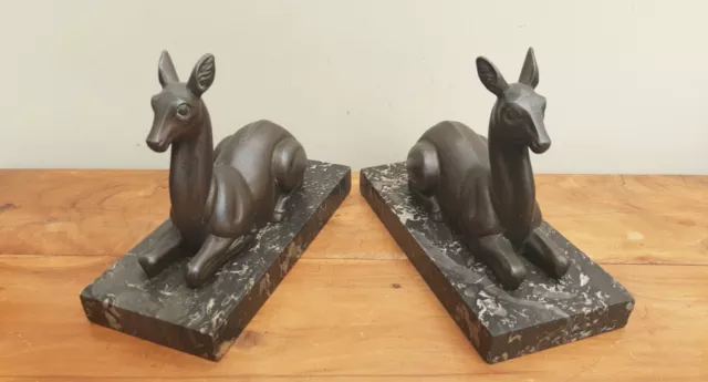 Pair Art Deco Bronzed Spelter Deer Fawn on Marble Base Stylish Decor 3