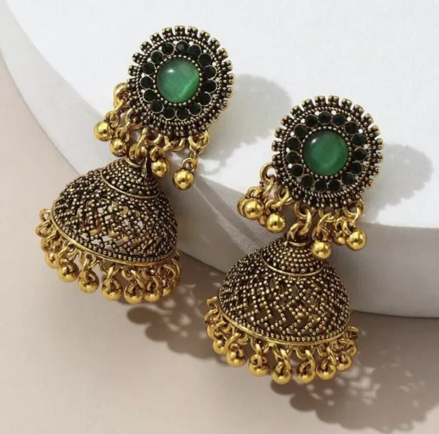 Green Gold Tassel Pakistani Bollywood Statement Earrings Indian Jhumka Jumka  Uk