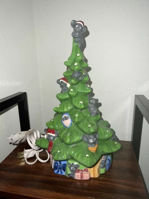 VINTAGE Lighted Ceramic Christmas TREE With Mice- 1 1” Tall