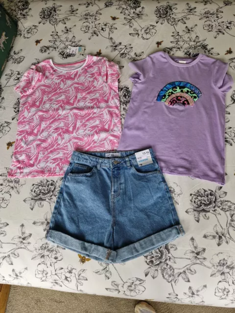 BNWT Girls Next Primark Denim Mom Shorts And T-shirt Bundle Age 13-14
